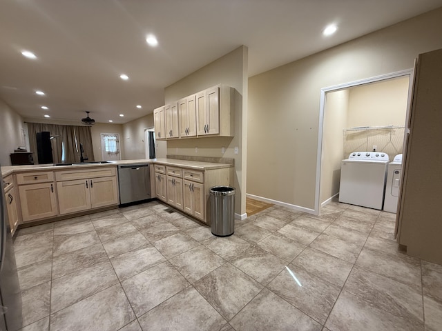kitchen with separate washer and dryer, stainless steel dishwasher, light countertops, and recessed lighting