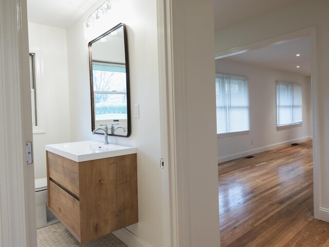 748 Wellington Way, Lexington, KY 40503 - bathroom featuring a wealth of natural light, vanity, baseboards, and wood finished floors