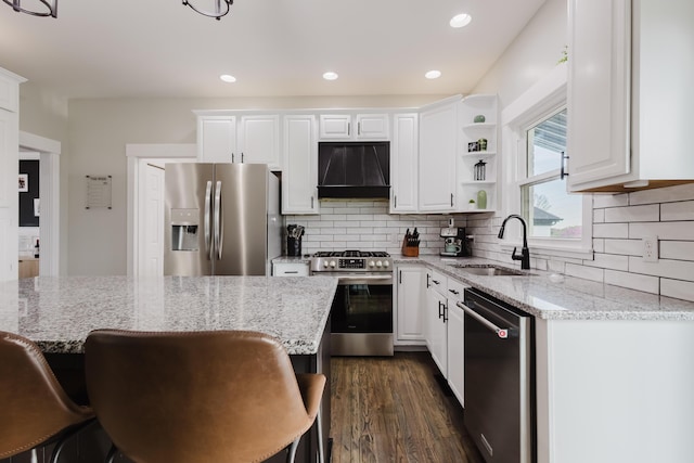 211 Eric Dr, Richmond, KY 40475 - kitchen featuring white cabinets, open shelves, a sink, appliances with stainless steel finishes, and custom exhaust hood