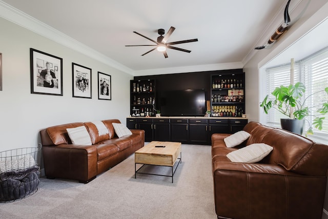 211 Eric Dr, Richmond, KY 40475 - living area with light colored carpet, ornamental molding, a ceiling fan, and a dry bar