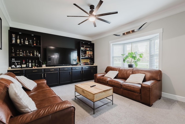 211 Eric Dr, Richmond, KY 40475 - living room featuring light colored carpet, a ceiling fan, ornamental molding, and a dry bar
