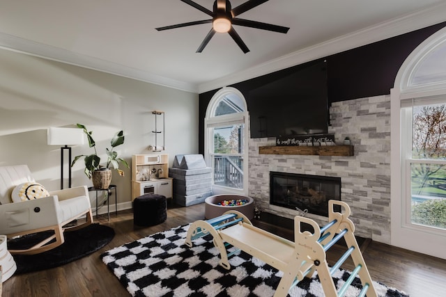 211 Eric Dr, Richmond, KY 40475 - living room featuring a ceiling fan, a stone fireplace, ornamental molding, and a healthy amount of sunlight