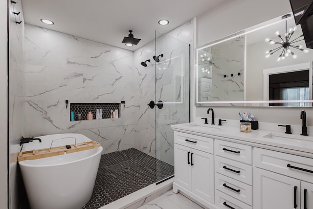 211 Eric Dr, Richmond, KY 40475 - full bath featuring a chandelier, marble finish floor, a marble finish shower, and a sink