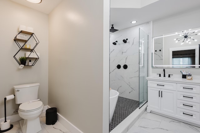 211 Eric Dr, Richmond, KY 40475 - bathroom with a marble finish shower, toilet, a notable chandelier, marble finish floor, and vanity