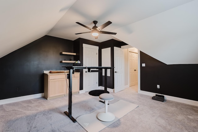 211 Eric Dr, Richmond, KY 40475 - workout room featuring light colored carpet, ceiling fan, lofted ceiling, and baseboards