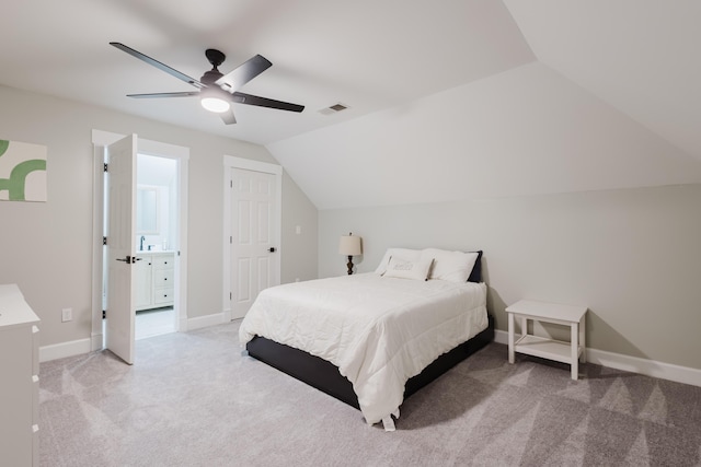 211 Eric Dr, Richmond, KY 40475 - bedroom featuring baseboards, vaulted ceiling, visible vents, and light colored carpet