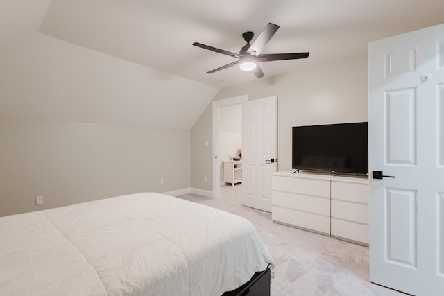 211 Eric Dr, Richmond, KY 40475 - bedroom featuring ceiling fan, light carpet, vaulted ceiling, and baseboards