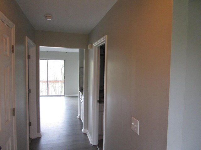 hallway with baseboards and dark wood-type flooring