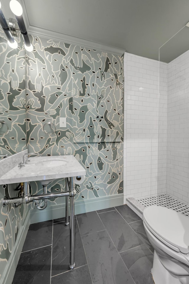 211 Chenault Rd, Lexington, KY 40502 - bathroom with toilet, a stall shower, a chandelier, and baseboards