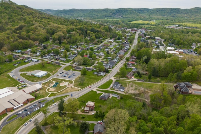 aerial view with a view of trees and a mountain view