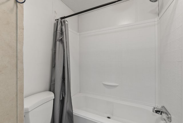 bathroom featuring toilet and shower / bathtub combination with curtain