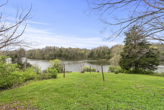 view of yard featuring a wooded view and a water view