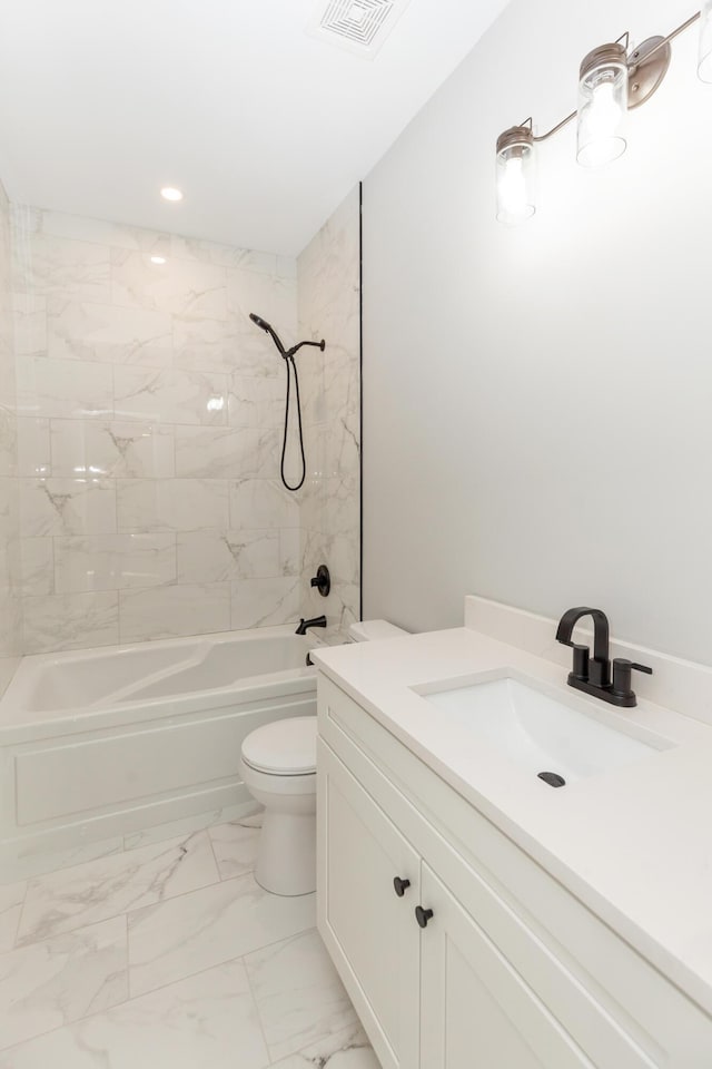 437 Boones Creek Rd, Lancaster, KY 40444 - bathroom featuring vanity, toilet, shower / bathtub combination, visible vents, and marble finish floor