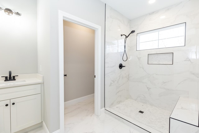 437 Boones Creek Rd, Lancaster, KY 40444 - bathroom with vanity, baseboards, recessed lighting, a marble finish shower, and marble finish floor