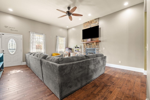 88 Hawkins Ln, Clay City, KY 40312 - living room with baseboards, a stone fireplace, recessed lighting, hardwood / wood-style floors, and ceiling fan