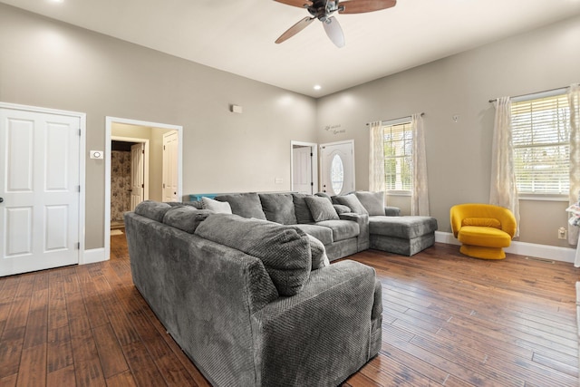 88 Hawkins Ln, Clay City, KY 40312 - living room with visible vents, baseboards, a high ceiling, a ceiling fan, and dark wood-style floors