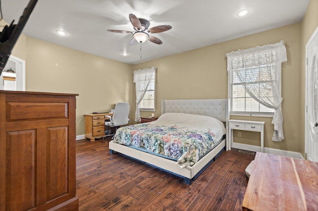 88 Hawkins Ln, Clay City, KY 40312 - bedroom featuring a ceiling fan, baseboards, recessed lighting, and dark wood finished floors
