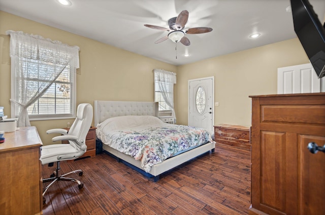 88 Hawkins Ln, Clay City, KY 40312 - bedroom featuring dark wood-type flooring, recessed lighting, and a ceiling fan