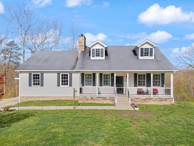 88 Hawkins Ln, Clay City, KY 40312 - cape cod-style house with roof with shingles, a front lawn, covered porch, and a chimney