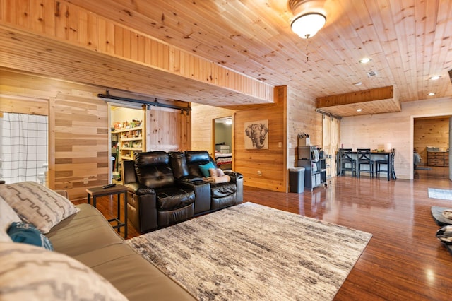 88 Hawkins Ln, Clay City, KY 40312 - living area with recessed lighting, a barn door, wood ceiling, wood finished floors, and wood walls