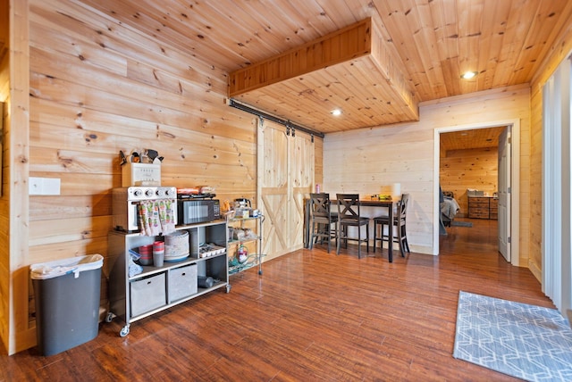 88 Hawkins Ln, Clay City, KY 40312 - game room with wood finished floors, wooden walls, wooden ceiling, and a barn door
