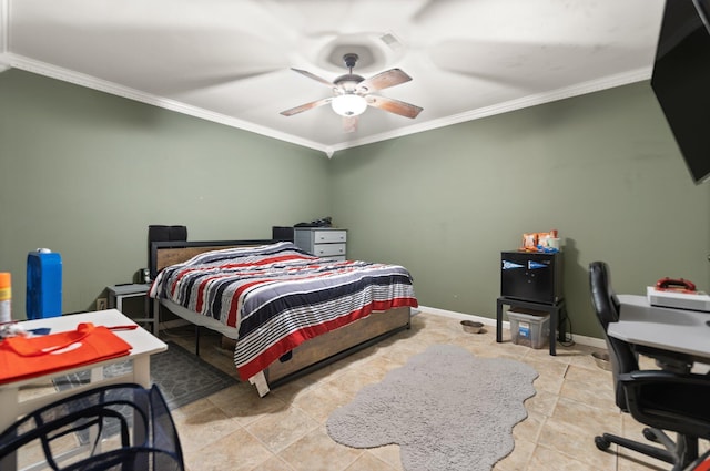88 Hawkins Ln, Clay City, KY 40312 - bedroom with tile patterned floors, baseboards, crown molding, and a ceiling fan