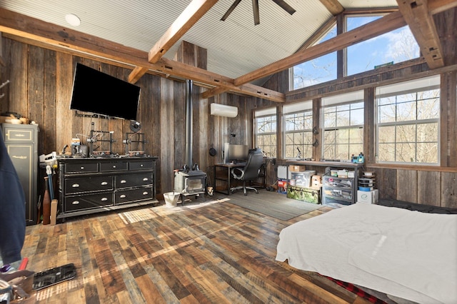 88 Hawkins Ln, Clay City, KY 40312 - bedroom featuring wood walls, a wall unit AC, hardwood / wood-style flooring, and beamed ceiling