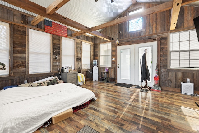 88 Hawkins Ln, Clay City, KY 40312 - bedroom with wooden walls, beamed ceiling, high vaulted ceiling, and hardwood / wood-style floors