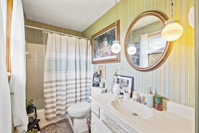 5245 US-68 W, Gravel Switch, KY 40328 - full bathroom with wallpapered walls, vanity, toilet, and shower / bath combo with shower curtain
