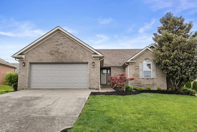 single story home with driveway, brick siding, a front lawn, an attached garage, and roof with shingles