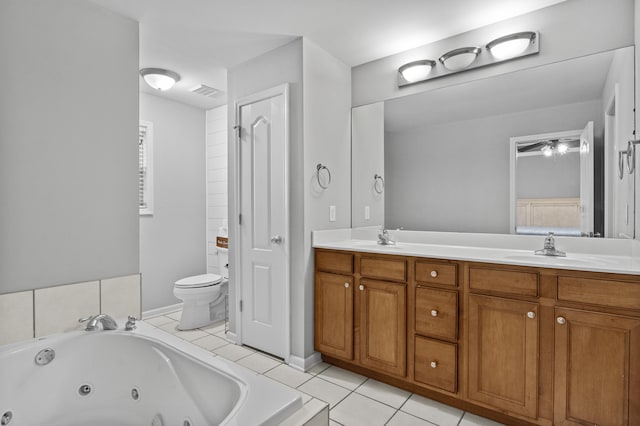 full bath with toilet, tile patterned floors, a whirlpool tub, and double vanity