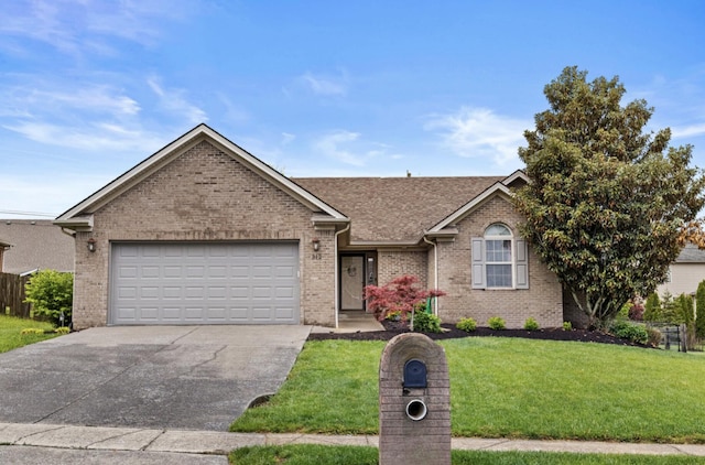 ranch-style house with an attached garage, concrete driveway, a front yard, and brick siding