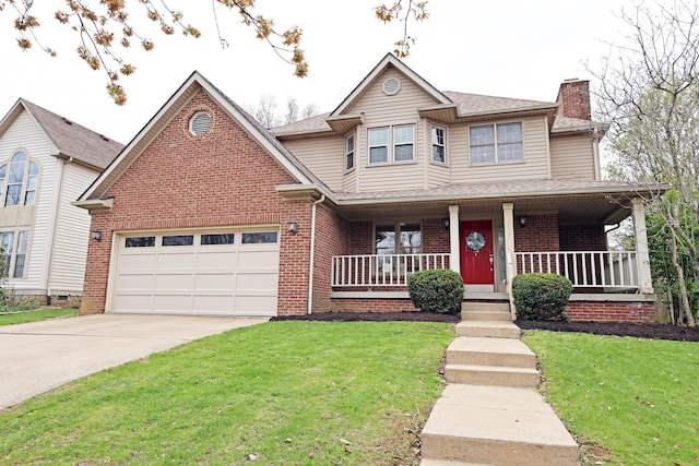 traditional home featuring a porch, a front lawn, brick siding, a chimney, and driveway