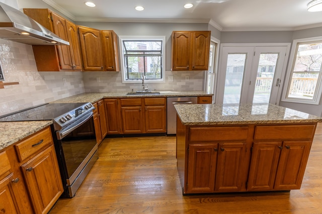 kitchen with light wood-style floors, brown cabinets, wall chimney exhaust hood, stainless steel appliances, and a sink