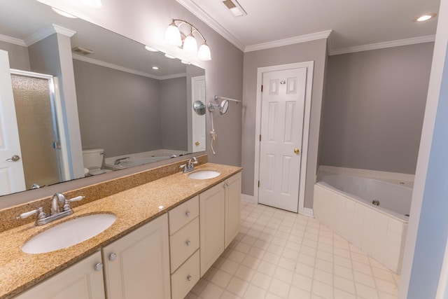 full bath featuring a garden tub, visible vents, a sink, and ornamental molding