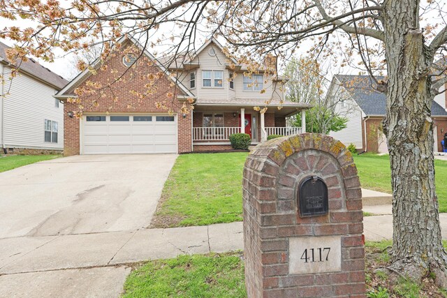 view of front of property with driveway, an attached garage, a front yard, a porch, and brick siding