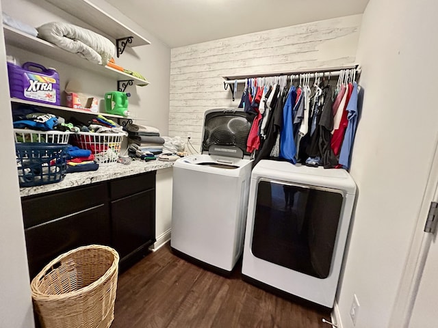 100 Barry Rd, Georgetown, KY 40324 - laundry room featuring wood walls, dark wood-type flooring, laundry area, and washing machine and dryer