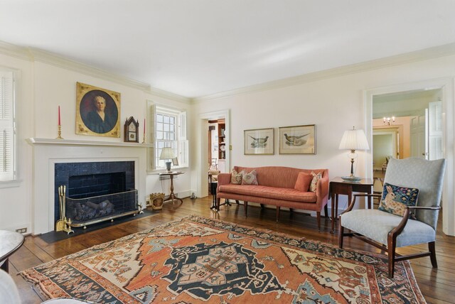 216 Ridgeway Rd, Lexington, KY 40502 - living room with a fireplace with flush hearth, wood-type flooring, and crown molding