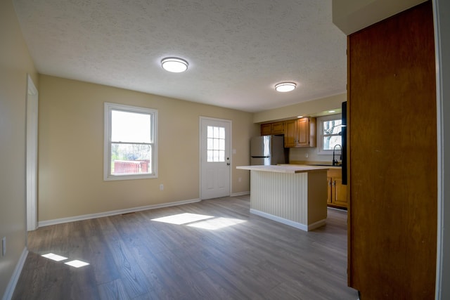 186 Main St, Sharpsburg, KY 40374 - kitchen featuring light countertops, a sink, freestanding refrigerator, baseboards, and light wood-style flooring
