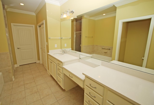 bathroom with a bath, crown molding, vanity, tile patterned floors, and a stall shower