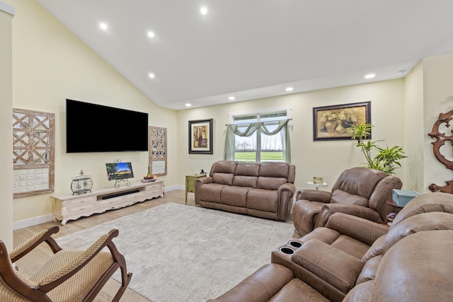 living room with light wood-style flooring, baseboards, recessed lighting, and high vaulted ceiling