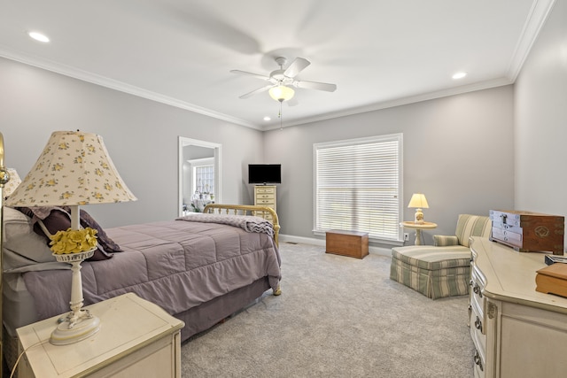 bedroom with crown molding, recessed lighting, a ceiling fan, and light colored carpet