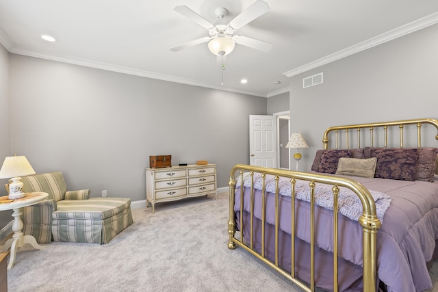 carpeted bedroom featuring a ceiling fan, visible vents, crown molding, baseboards, and recessed lighting