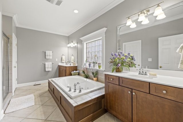 bathroom featuring crown molding, a whirlpool tub, a sink, and a stall shower