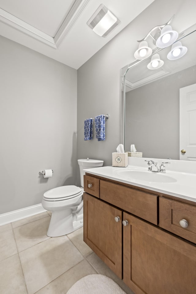 bathroom featuring visible vents, tile patterned flooring, toilet, and vanity