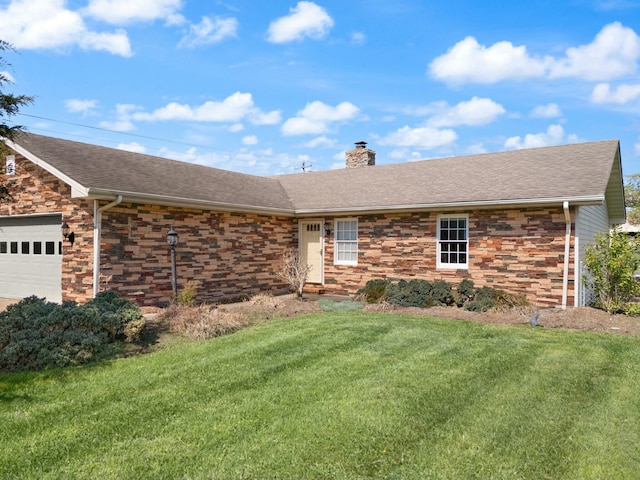 1124 Heartland Dr, Somerset, KY 42503 - single story home featuring a shingled roof, an attached garage, stone siding, a chimney, and a front lawn