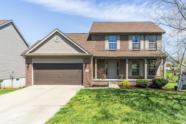 traditional-style home with brick siding, a front yard, driveway, and a garage