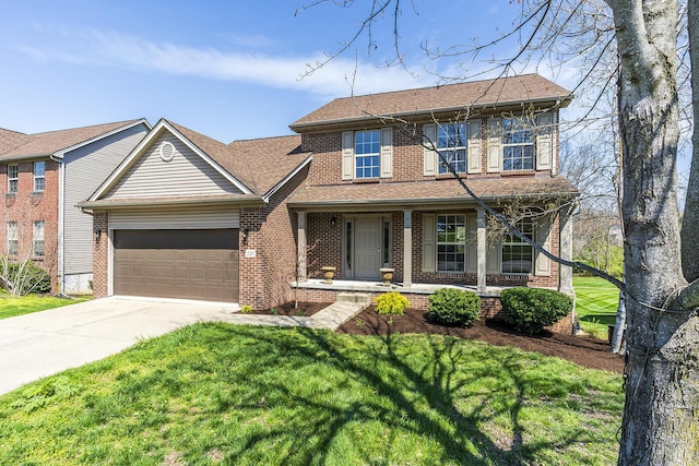 traditional home featuring a garage, a front lawn, and brick siding