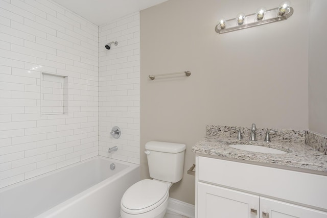 bathroom with toilet, vanity, baseboards, and tub / shower combination