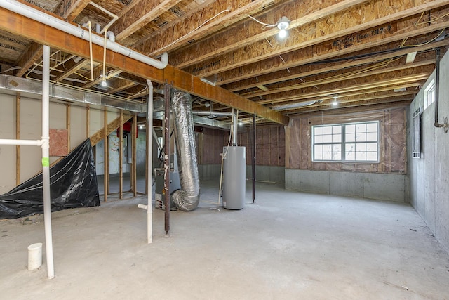 basement with heating unit and water heater